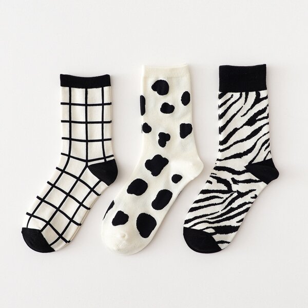 

3pairs Plaid Pattern Socks, Black and white