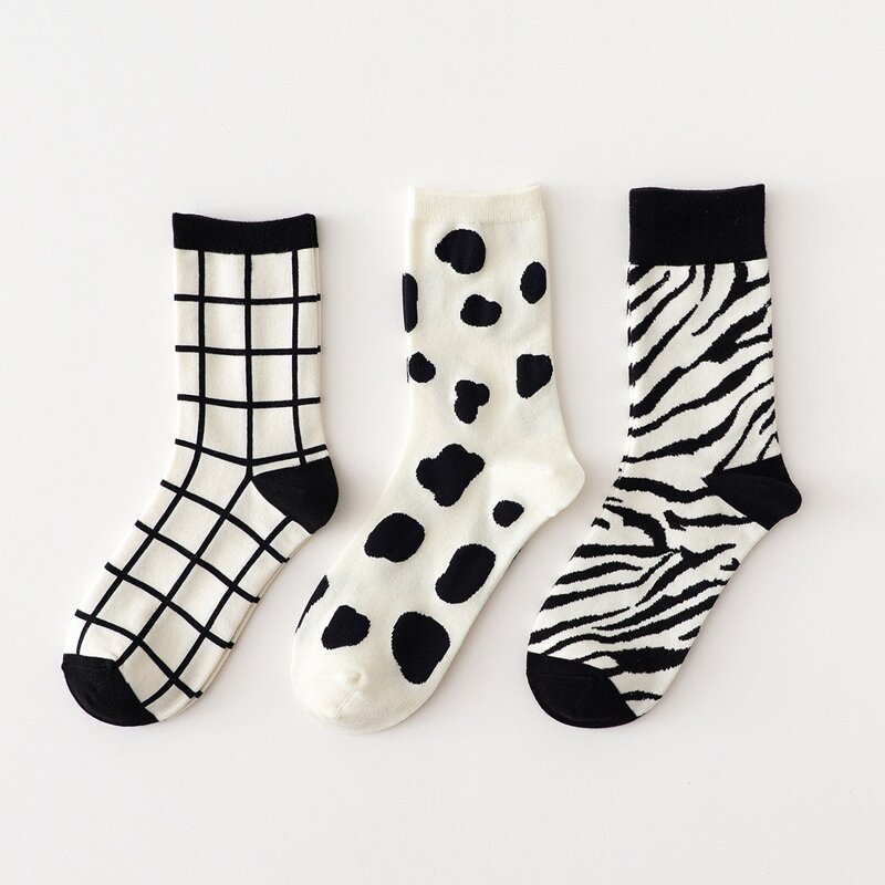 

3pairs Plaid Pattern Socks, Black and white
