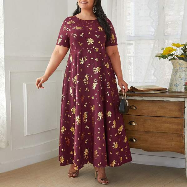 

Plus Floral Print A-line Dress, Maroon