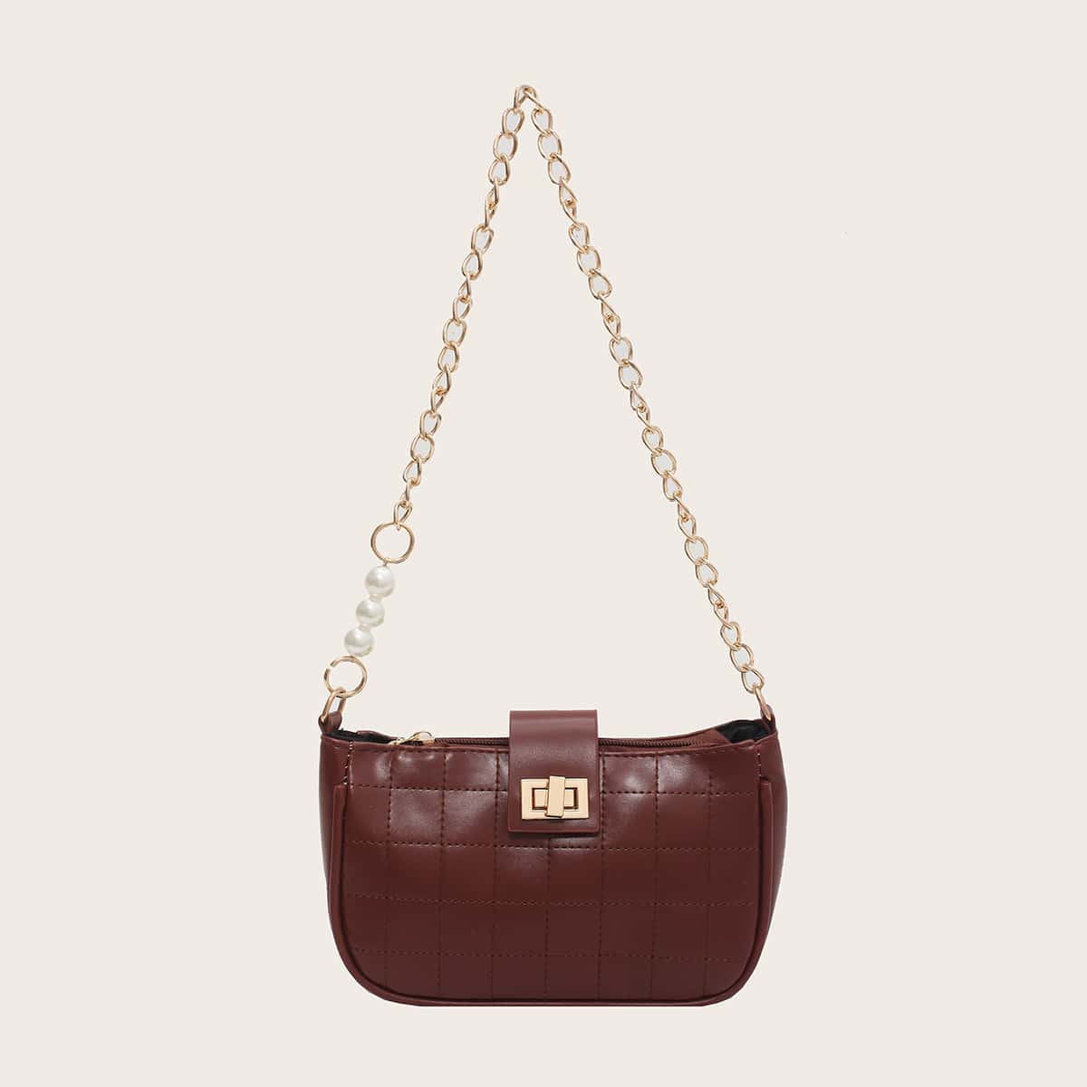 

Quilted Faux Pearl & Chain Baguette Bag, Coffee brown