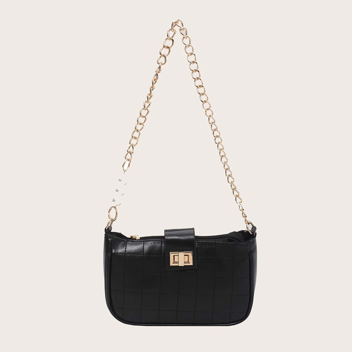 

Quilted Faux Pearl & Chain Baguette Bag, Black