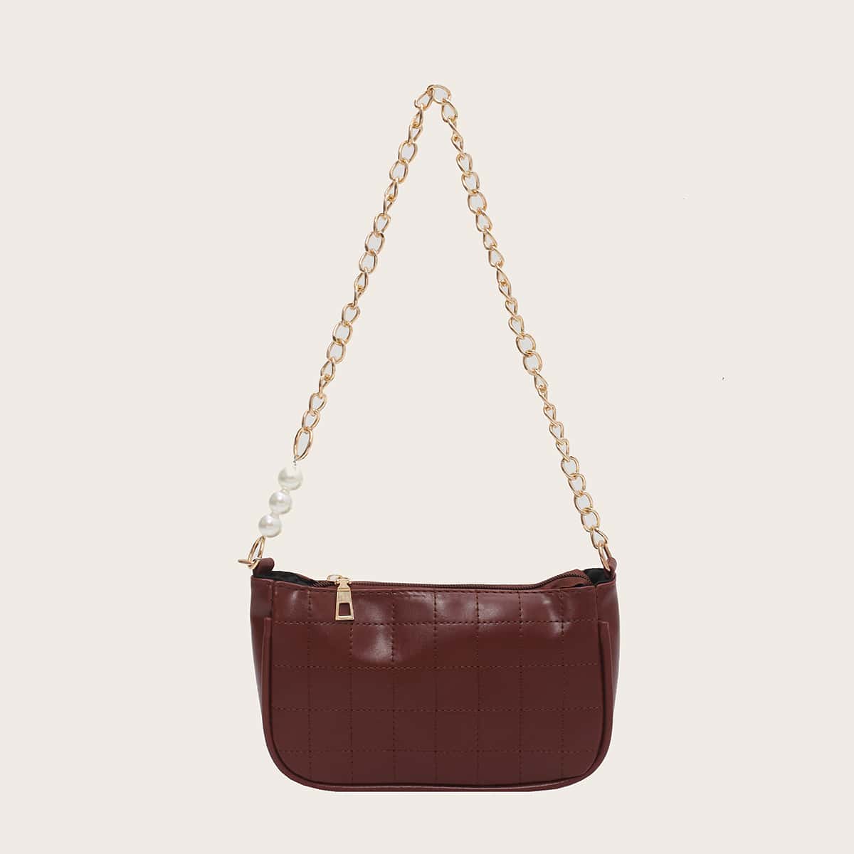 

Quilted Faux Pearl & Chain Baguette Bag, Brown