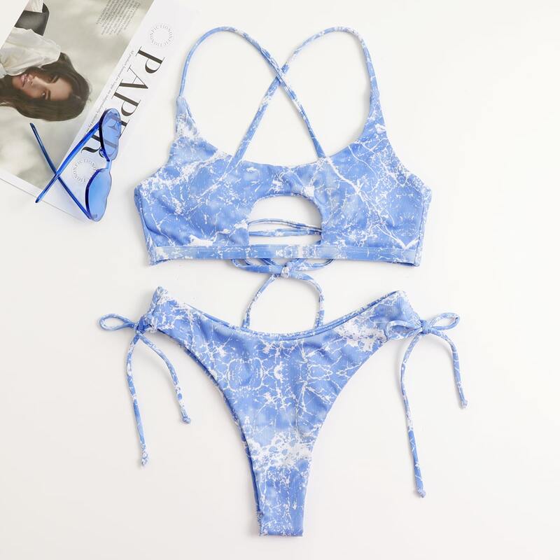 

Marble Lace-up Back Bikini Swimsuit, Blue