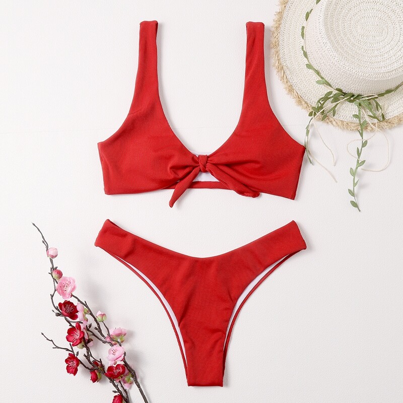 

Ribbed Knot Front Bikini Swimsuit, Red