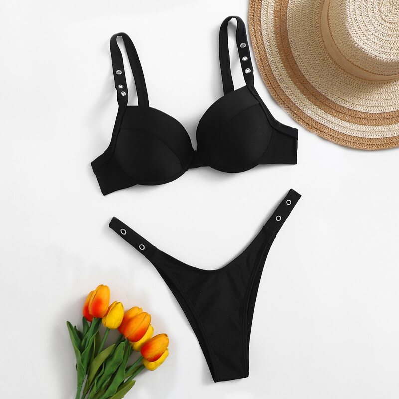 

Eyelet Decor High Leg Bikini Swimsuit, Black