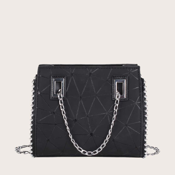 

Geometric Graphic Chain Satchel Bag, Black