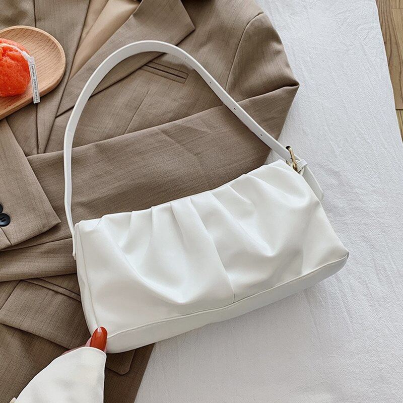 

Solid Ruched Baguette Bag, White
