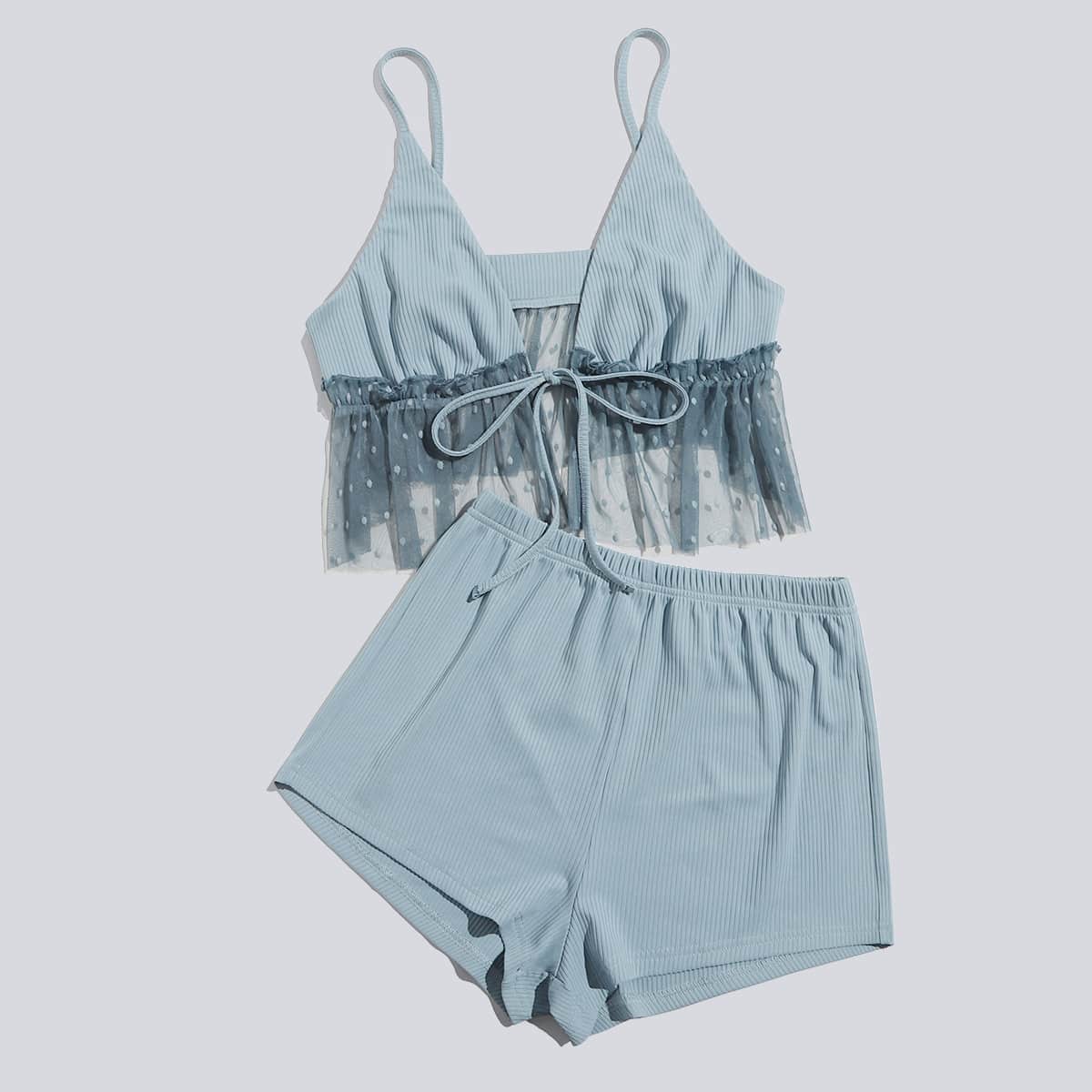 

Contrast Mesh Tie Front PJ Set, Baby blue