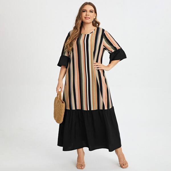 

Plus Striped Flounce Sleeve Ruffle Hem Dress, Multicolor