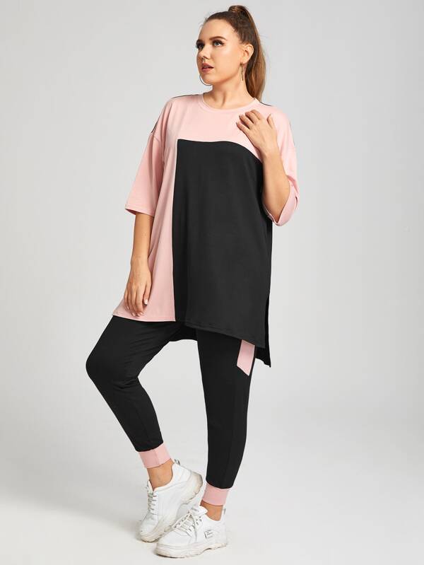 Mulvari Plus Color-block High Low Tee & Sweatpants