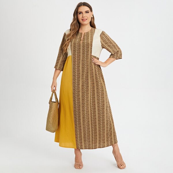 

Plus Floral Print Color-block Tunic Dress, Multicolor