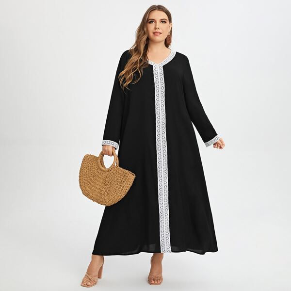 

Plus Contrast Lace Trim V-neck Tunic Dress, Black