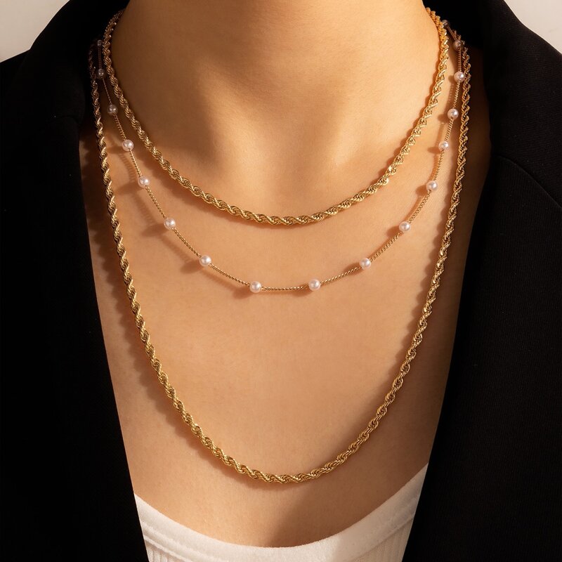 

Faux Pearl Twist Layered Necklace, Gold