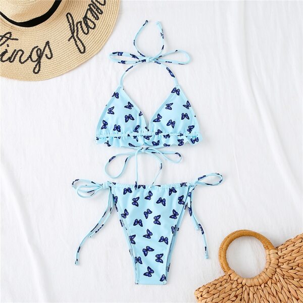 

Butterfly Print Triangle Tie Side Bikini Swimsuit, Baby blue