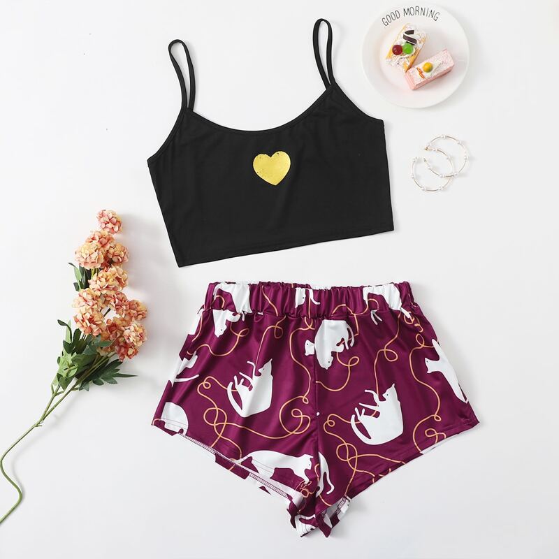 

Heart Print Cami Pajama Set, Multicolor
