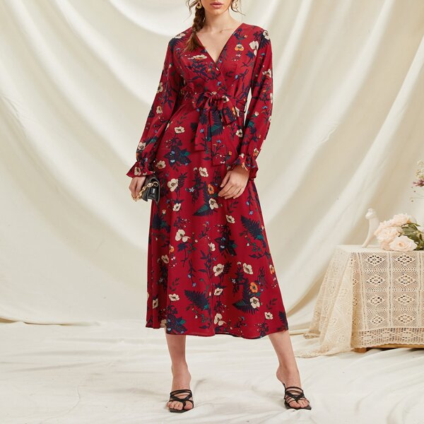 

Allover Floral Belted Wrap A-line Dress, Burgundy