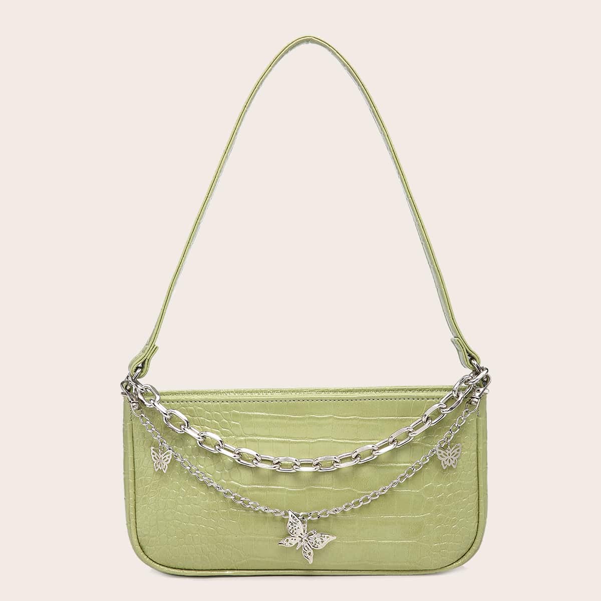 

Butterfly & Chain Decor Baguette Bag, Green