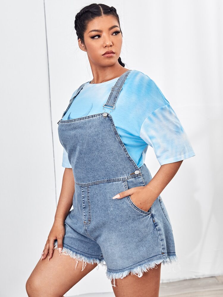 Plus Raw Hem Denim Overalls - Light Wash - View 5