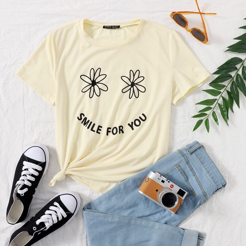 

Slogan Graphic Round Neck Tee, Beige