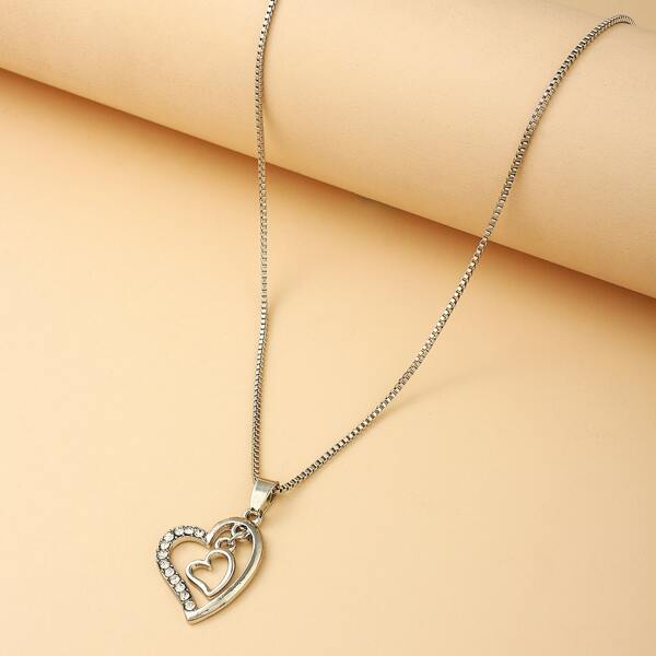 

Rhinestone Heart Charm Necklace, Silver
