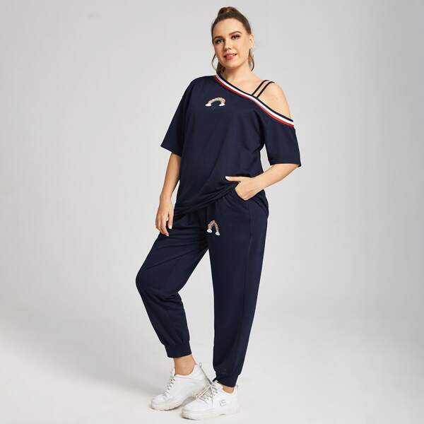

Plus Letter Graphic Asymmetrical Neck Tee With Sweatpants, Navy blue