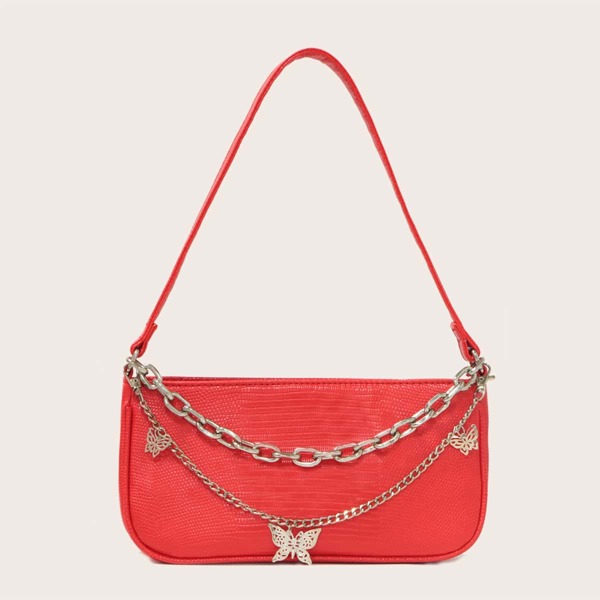 

Butterfly & Chain Decor Baguette Bag, Red