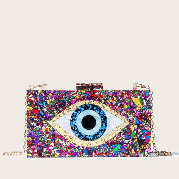 

Eye Graphic Chain Clutch Bag, Multicolor