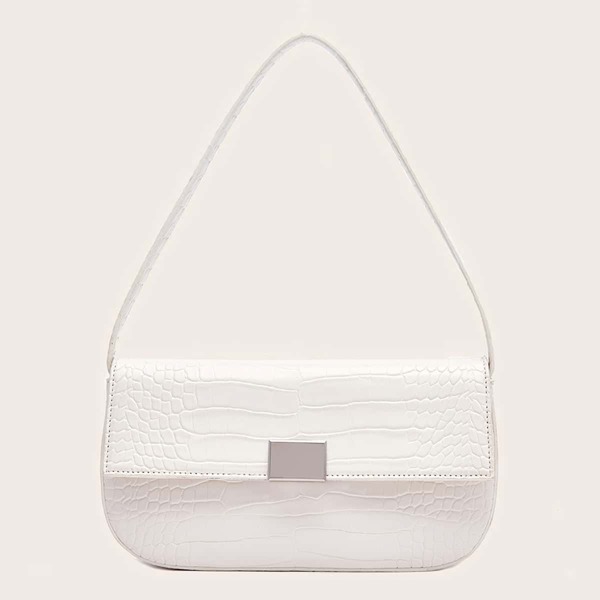 

Croc Embossed Flap Baguette Bag, White