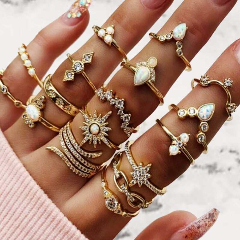 

17pcs Rhinestone & Opal Design Ring, Gold