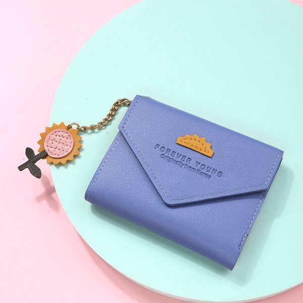 

Floral Charm Letter Graphic Small Wallet, Blue
