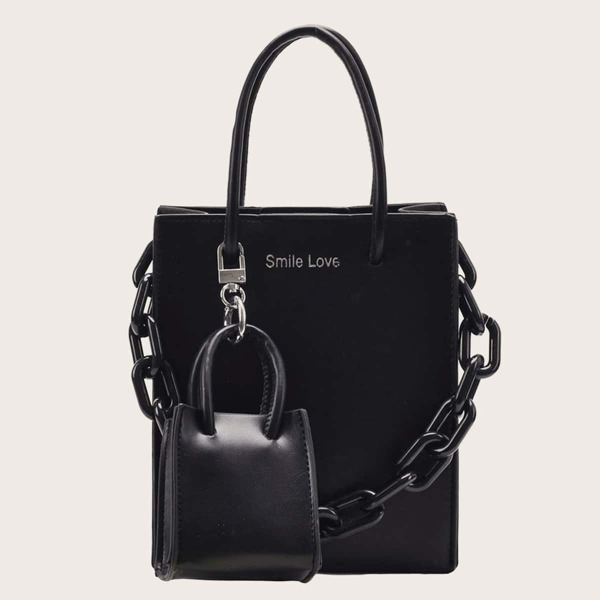 

Pocket Decor Chain Satchel Bag, Black