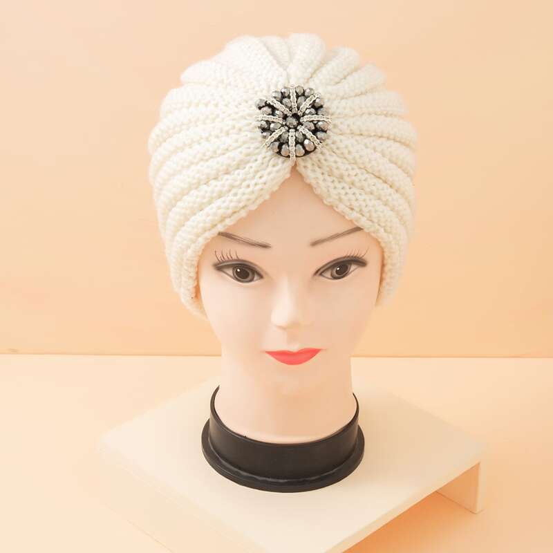 

Rhinestone Decor Knit Turban Hat, White