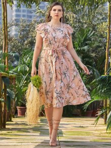 Modelyn Plus Floral Print Butterfly Sleeve Belted Dress - Dusty Pink - View 1