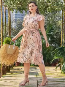 Modelyn Plus Floral Print Butterfly Sleeve Belted Dress - Dusty Pink - View 4