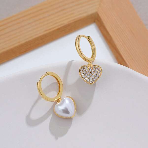 

Faux Pearl & Zircon Decor Heart Charm Drop Earrings, Gold