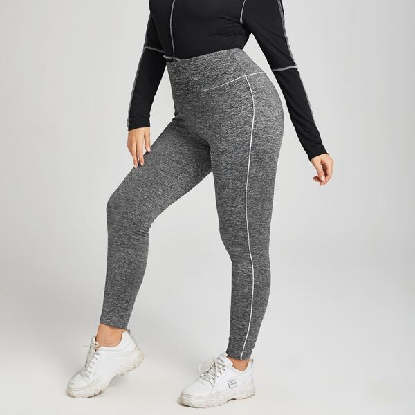 

Plus Wide Band Waist Contrast Binding Leggings, Dark grey