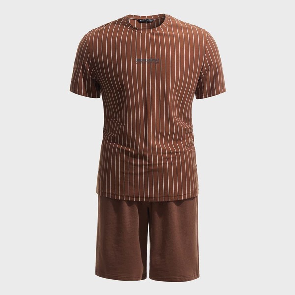 

Men Letter Graphic Striped Top & Shorts Set, Coffee brown