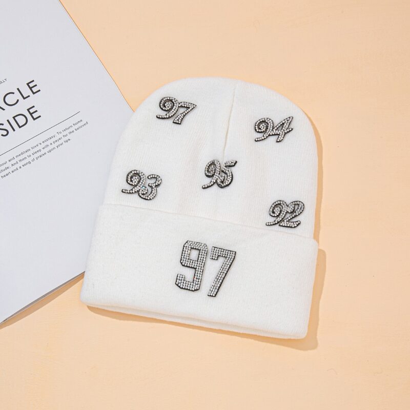 

Rhinestone Number Beanie, White