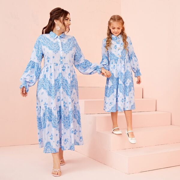 

Plus Flounce Sleeve Floral Print Shirt Dress, Blue and white