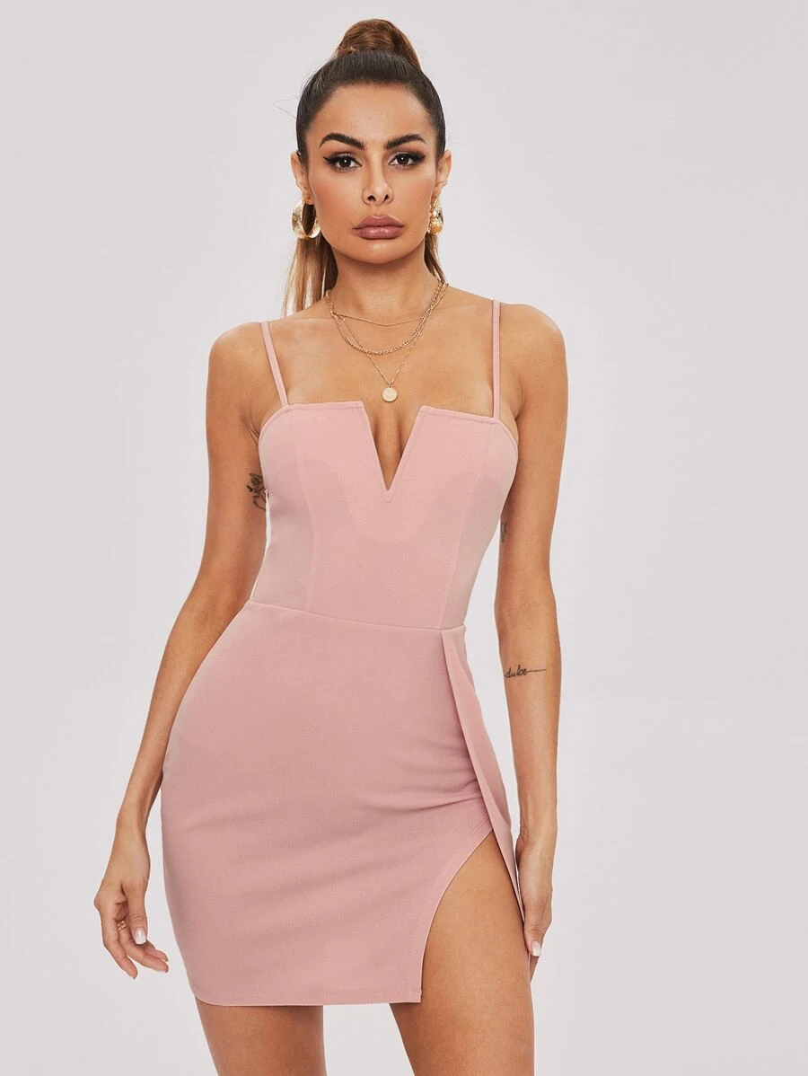 SHEIN BAE 缺口領開衩下擺素色洋裝 - 藕粉色 - 查看 1