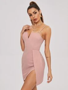SHEIN BAE 缺口領開衩下擺素色洋裝 - 藕粉色 - 查看 4