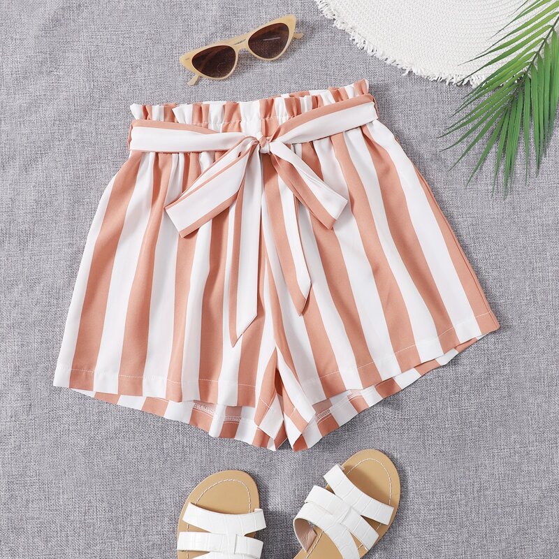

Striped Paper Bag Waist Belted Shorts, Multicolor