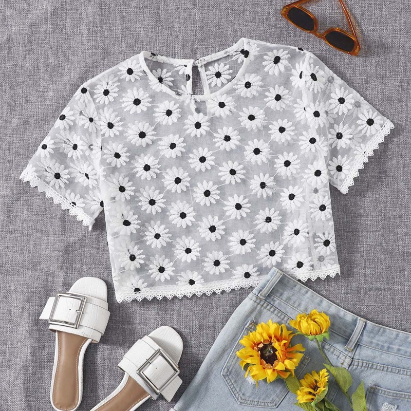 

Floral Embroidery Mesh Sheer Top, White