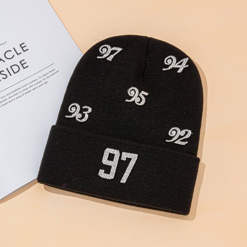 

Rhinestone Number Beanie, Black