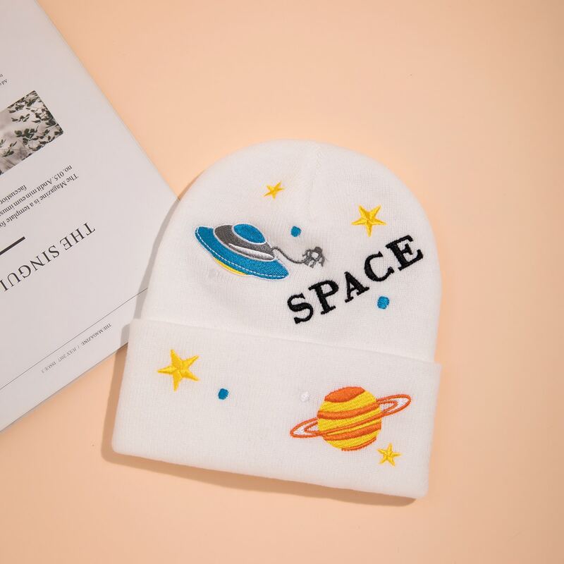 

Cartoon Embroidery Beanie, White
