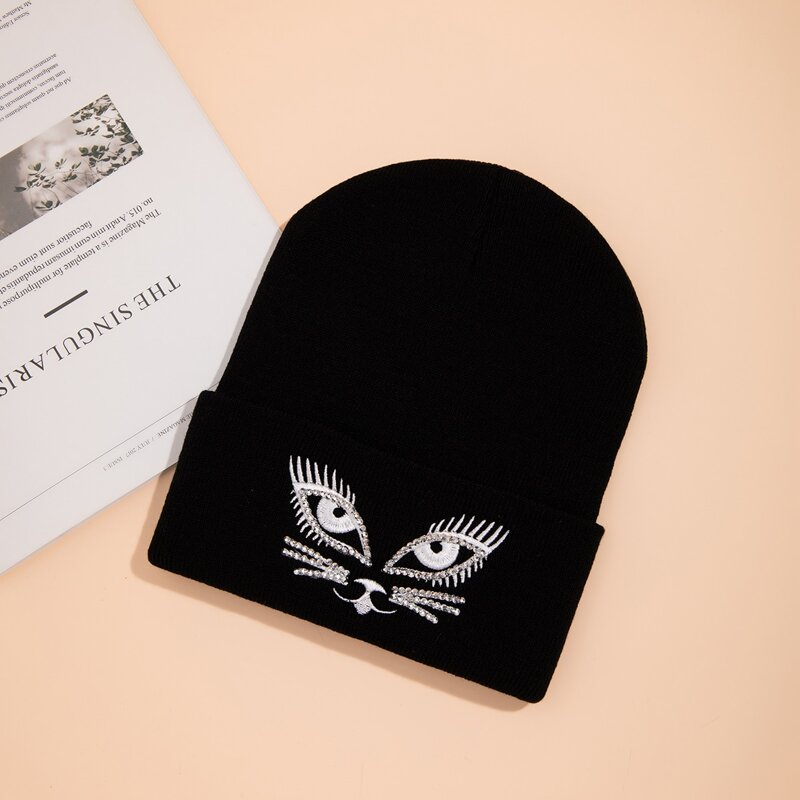 

Rhinestone Fox Beanie, Black