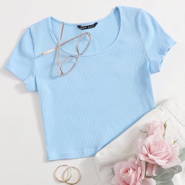 

Scoop Neck Rib-knit Crop Tee, Pastel baby blue