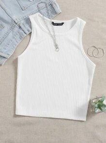 SHEIN EZwear Camiseta sin mangas de canalé liso - Blanco - Ver 1