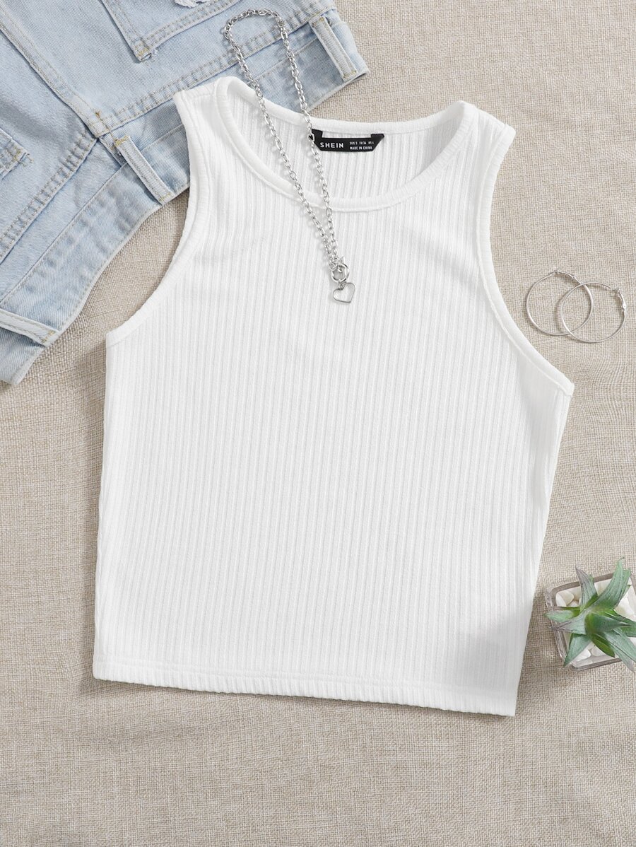 SHEIN EZwear Camiseta sin mangas de canalé liso - Blanco - Ver 1