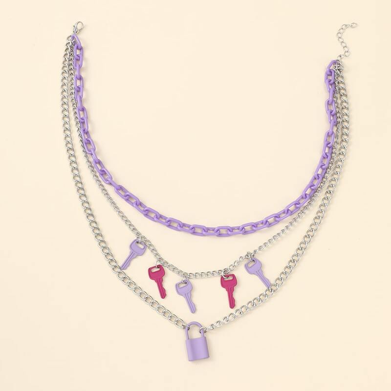 

Lock & Key Charm Layered Necklace, Mauve purple